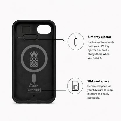 Innenansicht des iPhone SE Eden Case mit SIM-Kartenfach, SIM-Nadelhalterung und MagSafe-Ring