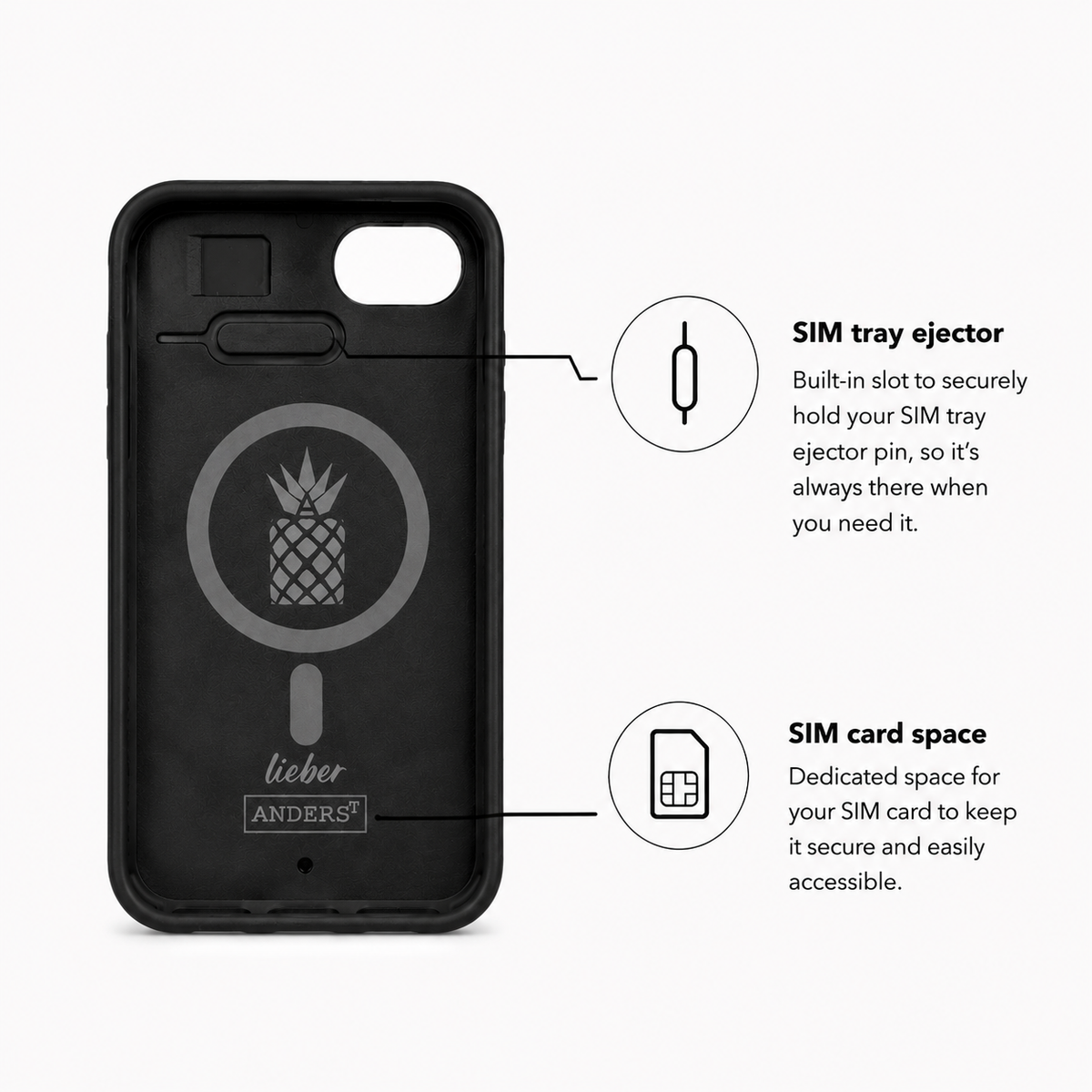 Innenansicht des iPhone SE Eden Case mit SIM-Kartenfach, SIM-Nadelhalterung und MagSafe-Ring