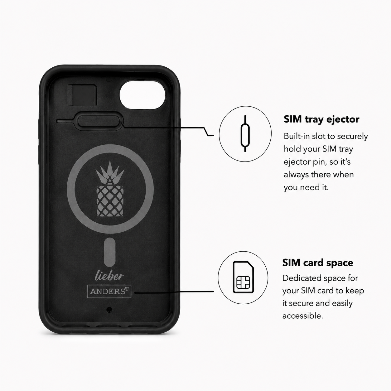Innenansicht des iPhone SE Eden Case mit SIM-Kartenfach, SIM-Nadelhalterung und MagSafe-Ring