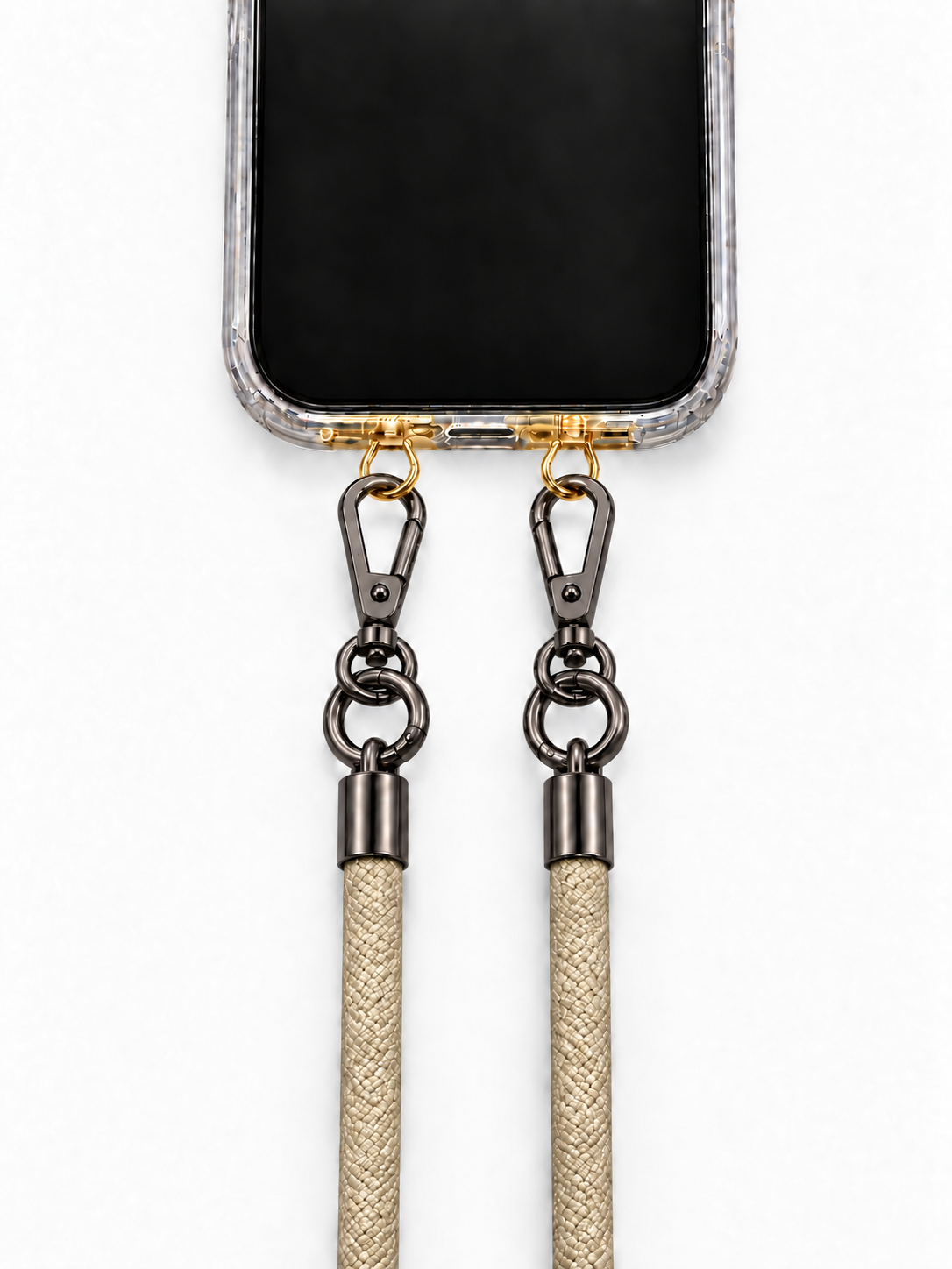 8-mm-Umhängebändel Beige mit zwei schwarzen Haken, mit Metalladapter in Gold