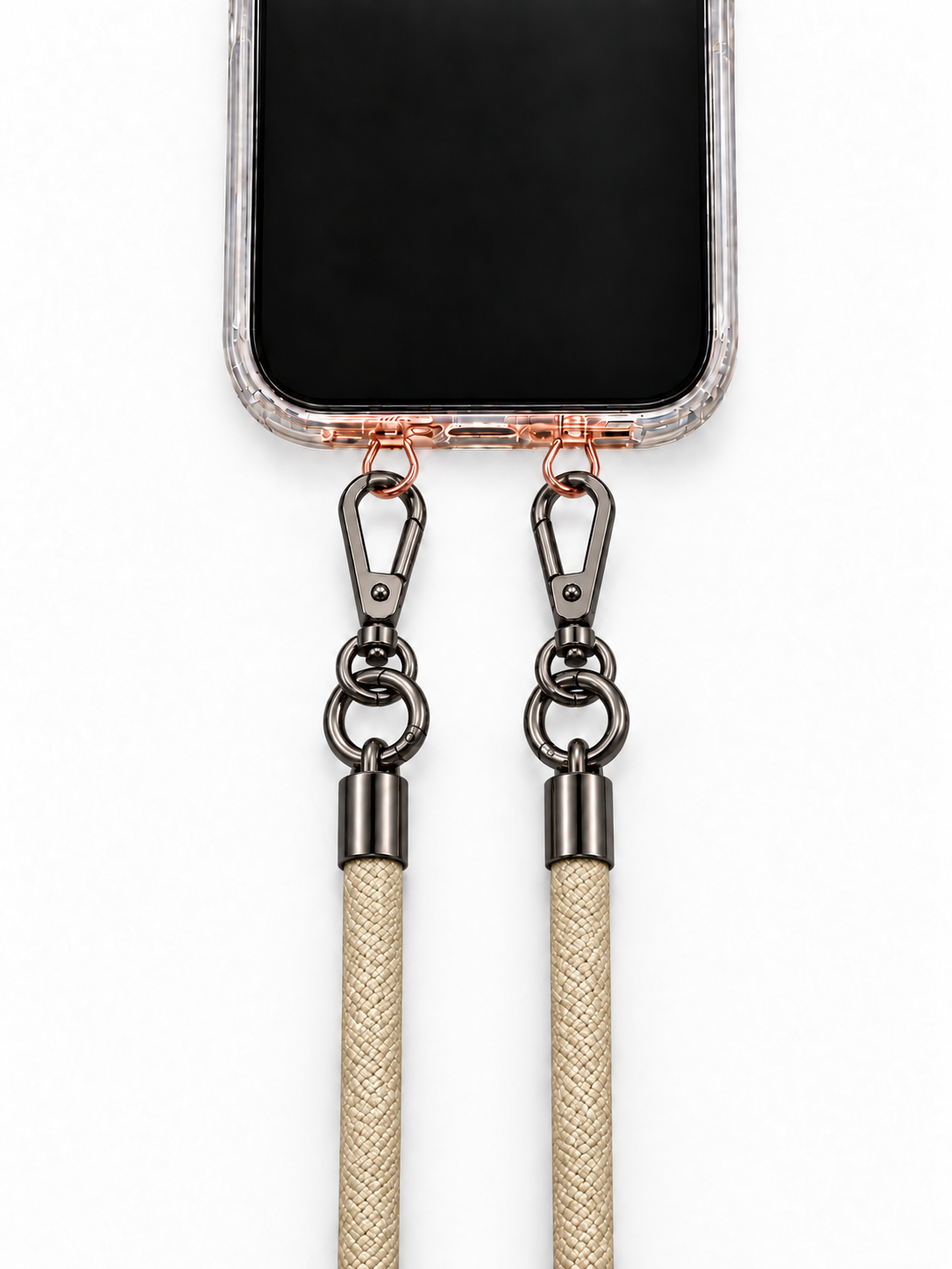 8-mm-Umhängebändel Beige mit zwei schwarzen Haken, mit Metalladapter in Roségold