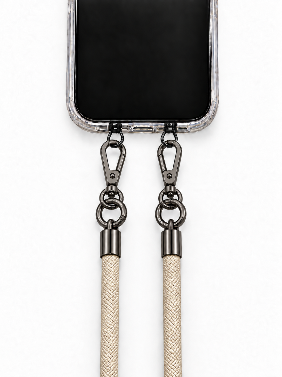 8-mm-Umhängebändel Beige mit zwei schwarzen Haken, mit Metalladapter in Schwarz