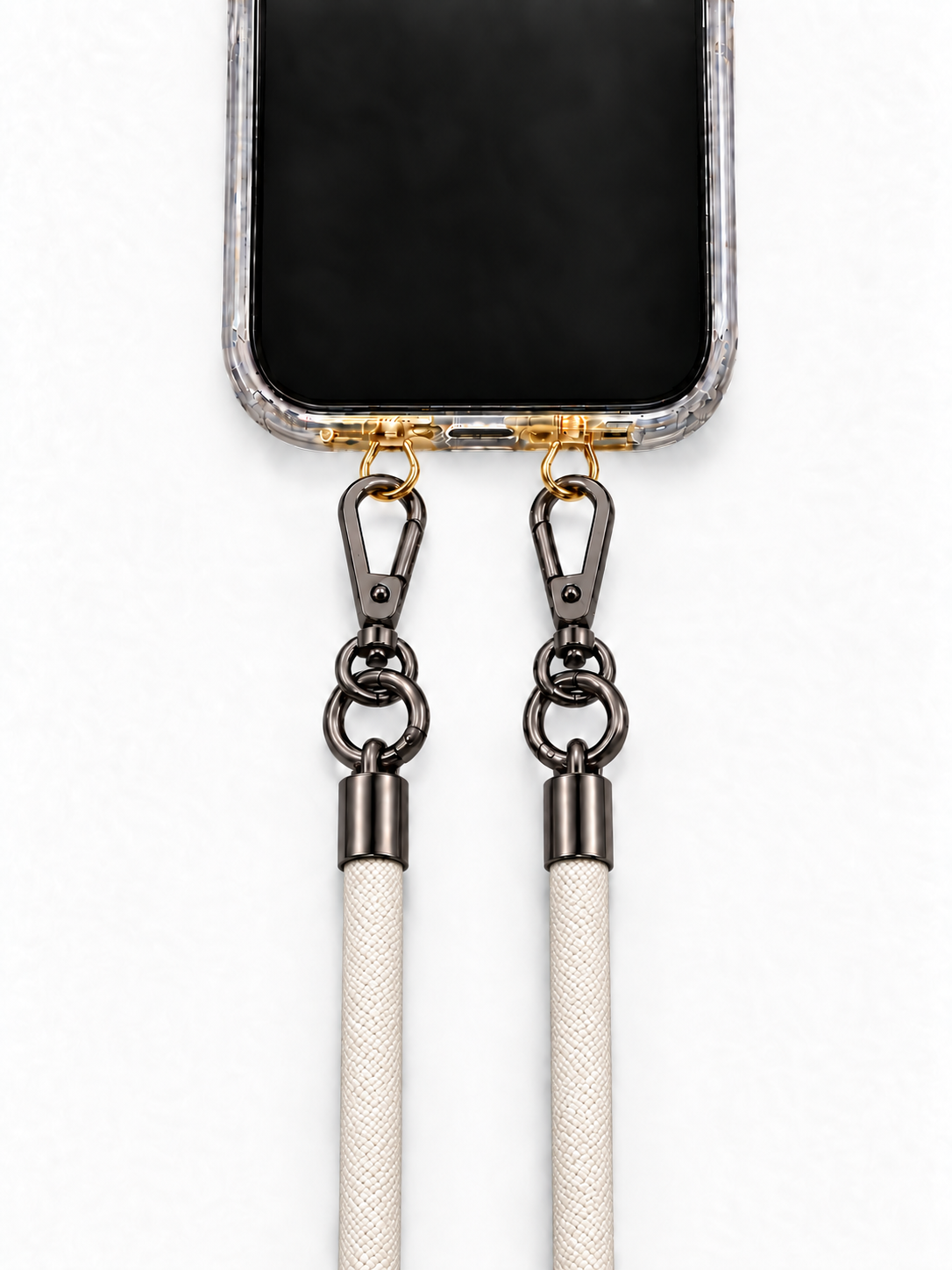 8-mm-Umhängebändel Creme mit zwei schwarzen Haken, mit Metalladapter in Gold