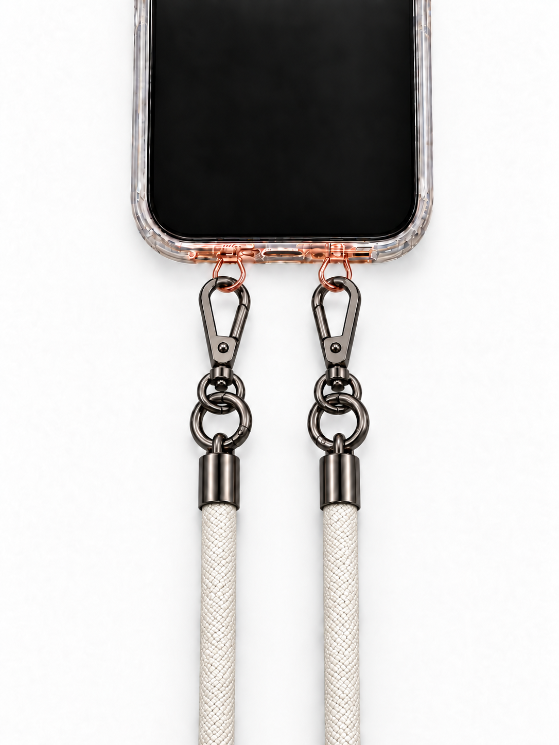 8-mm-Umhängebändel Creme mit zwei schwarzen Haken, mit Metalladapter in Roségold