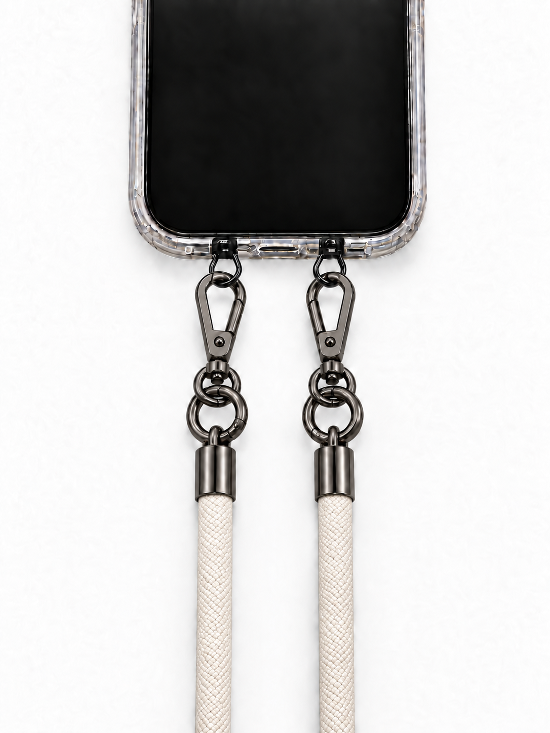8-mm-Umhängebändel Creme mit zwei schwarzen Haken, mit Metalladapter in Schwarz