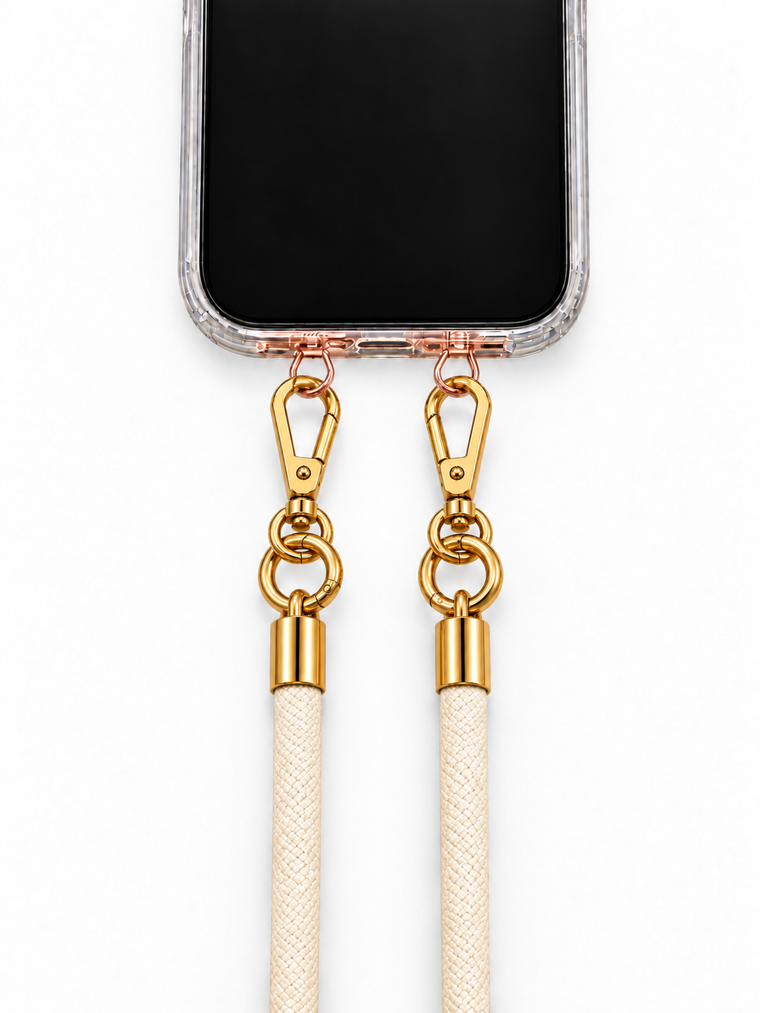 Handykette Creme – 8 mm, 2 goldene Haken, mit Metalladapter in Roségold, Ansicht 1