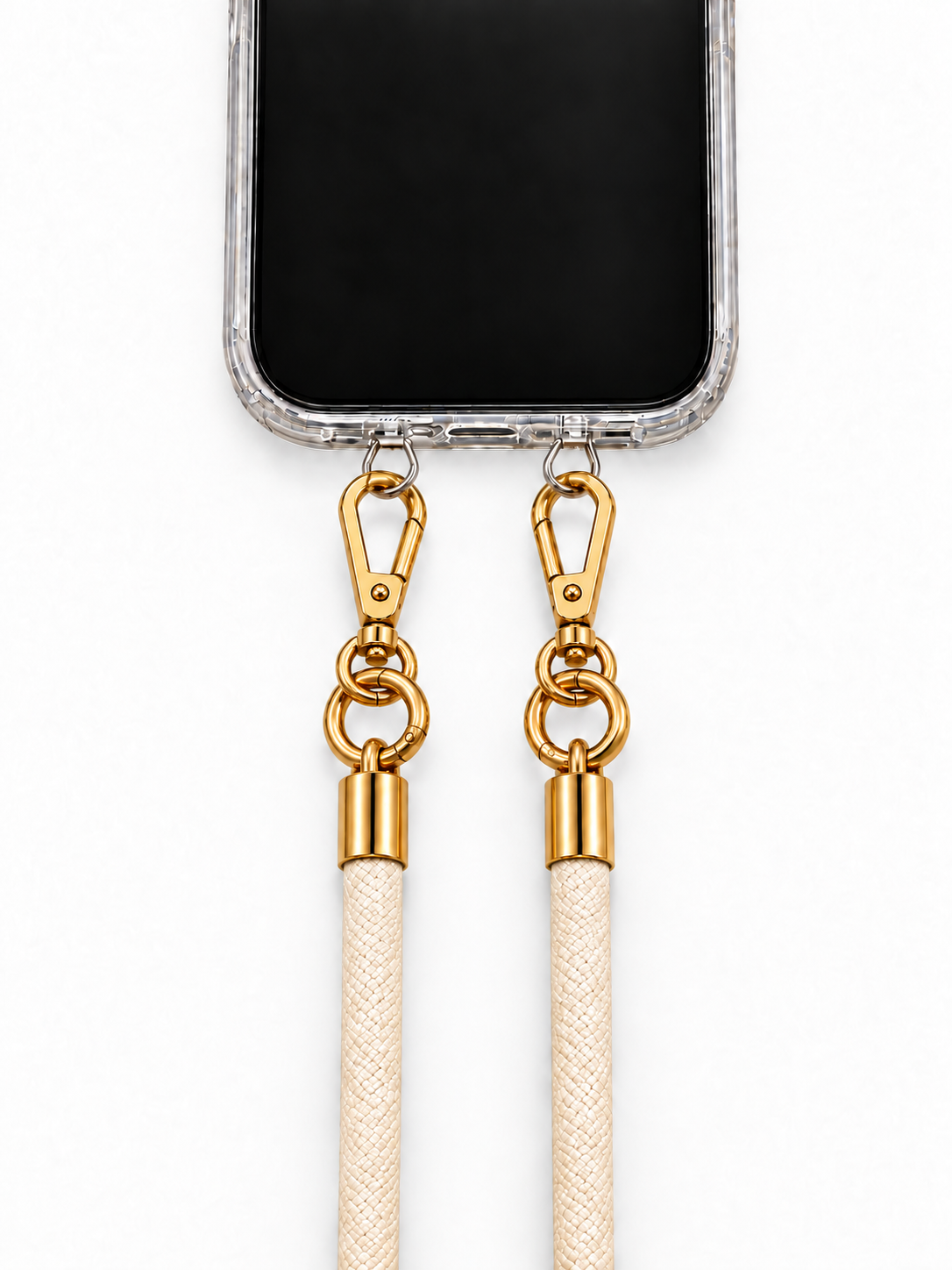 Handykette Creme – 8 mm, 2 goldene Haken, mit Metalladapter in Silber, Ansicht 1