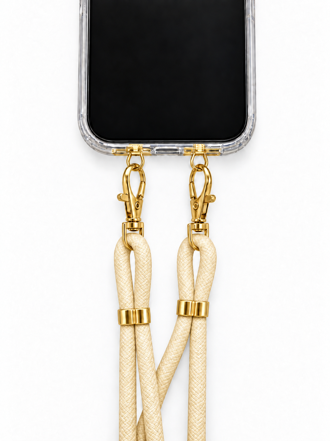 Handykette Creme – 6 mm, 2 goldene Haken, mit Metalladapter in Gold, Ansicht 1