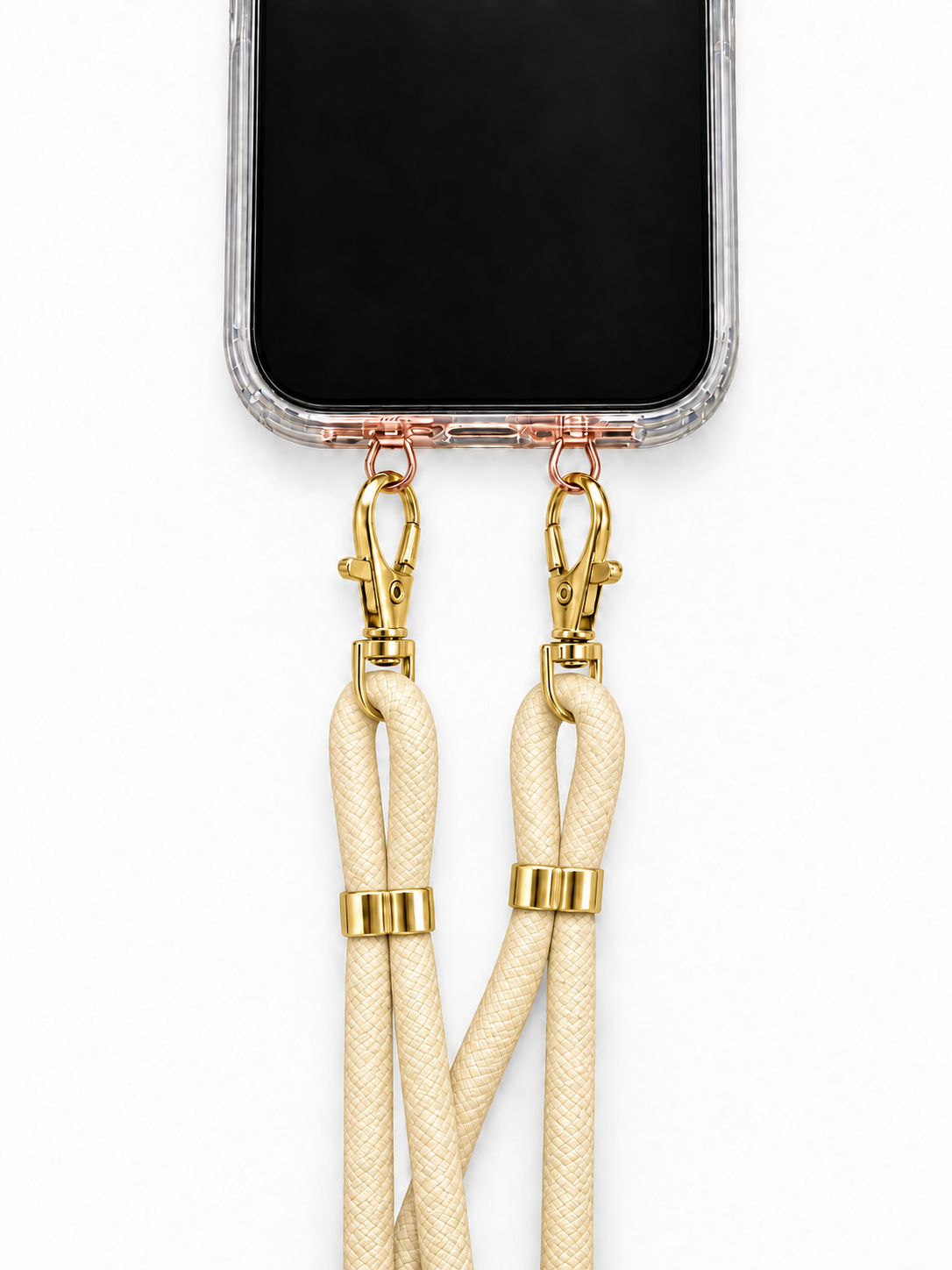 Handykette Creme – 6 mm, 2 goldene Haken, mit Metalladapter in Roségold, Ansicht 1