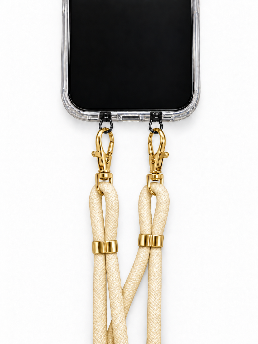 Handykette Creme – 6 mm, 2 goldene Haken, mit Metalladapter in Schwarz, Ansicht 1