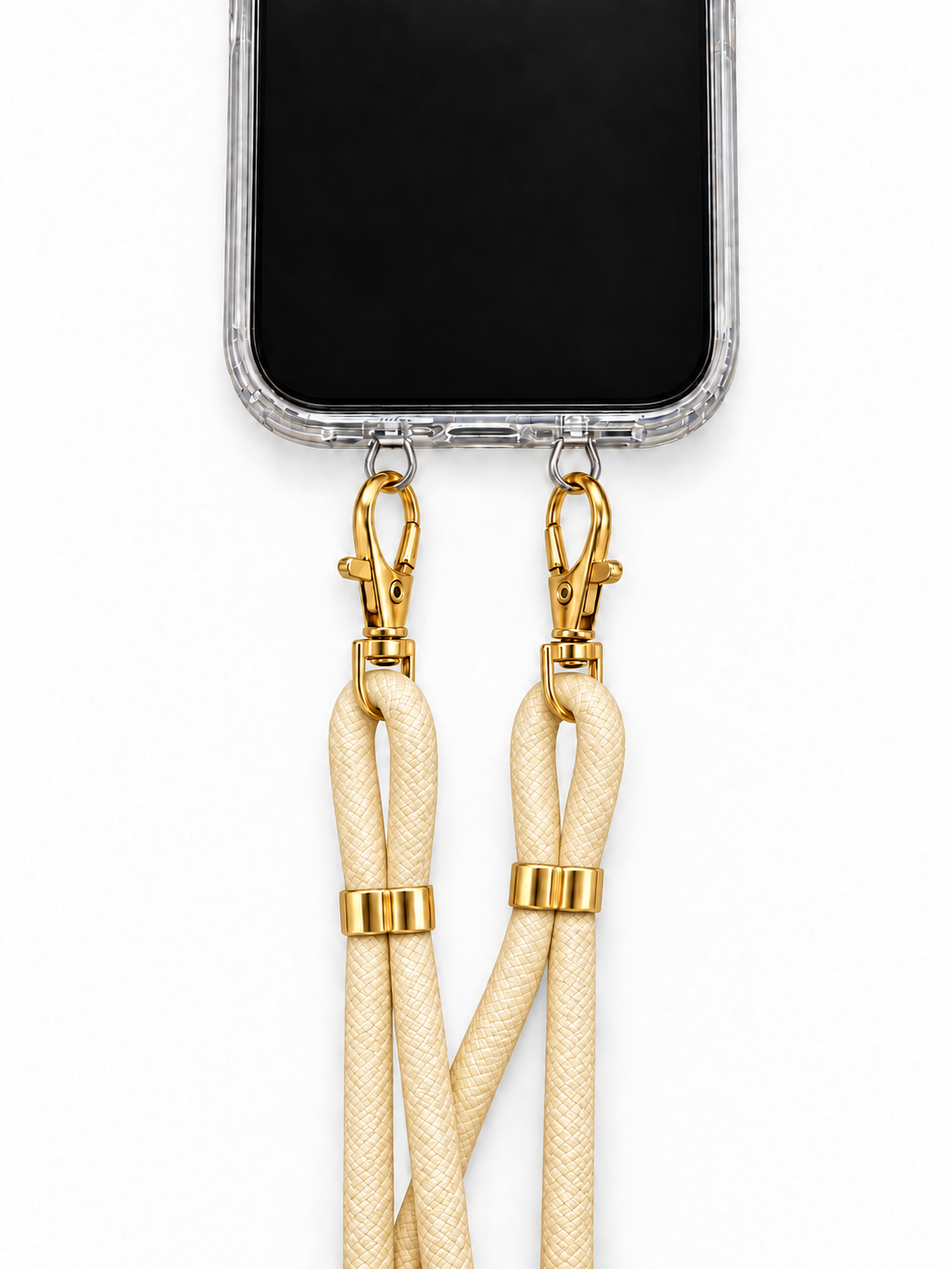 Handykette Creme – 6 mm, 2 goldene Haken, mit Metalladapter in Silber, Ansicht 1