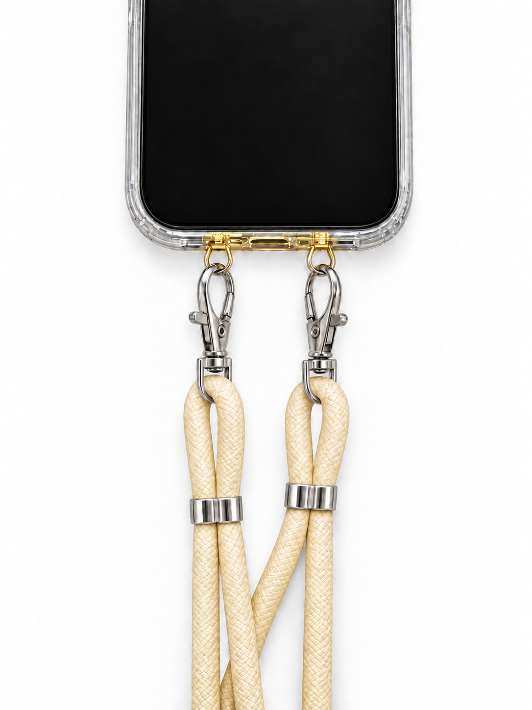 Handykette Creme – 6 mm, 2 silberne Haken, mit Metalladapter in Gold, Ansicht 1