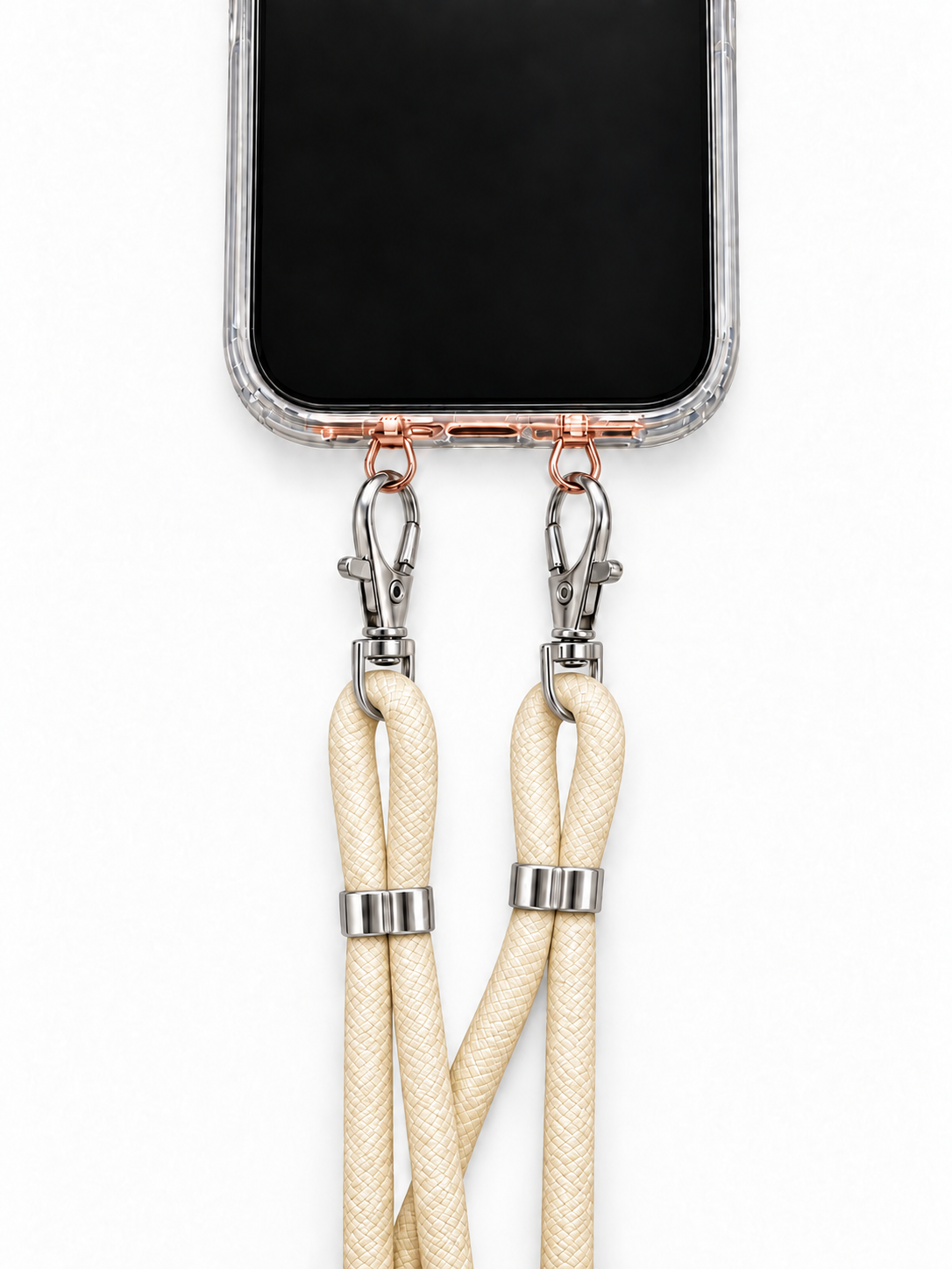 Handykette Creme – 6 mm, 2 silberne Haken, mit Metalladapter in Roségold, Ansicht 1