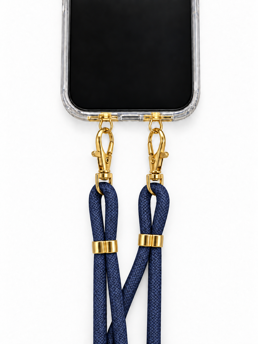 Handykette Dunkelblau – 6 mm, 2 goldene Haken, mit Metalladapter in Gold, Ansicht 1
