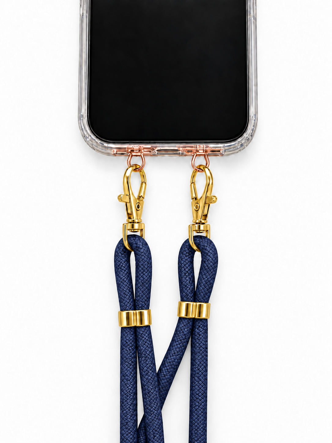 Handykette Dunkelblau – 6 mm, 2 goldene Haken, mit Metalladapter in Roségold, Ansicht 1