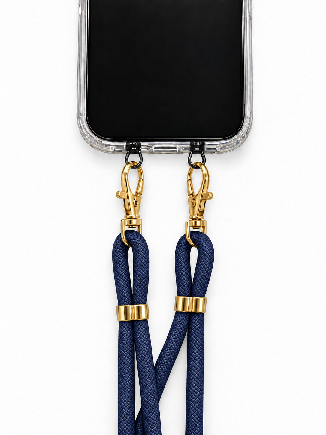 Handykette Dunkelblau – 6 mm, 2 goldene Haken, mit Metalladapter in Schwarz, Ansicht 1