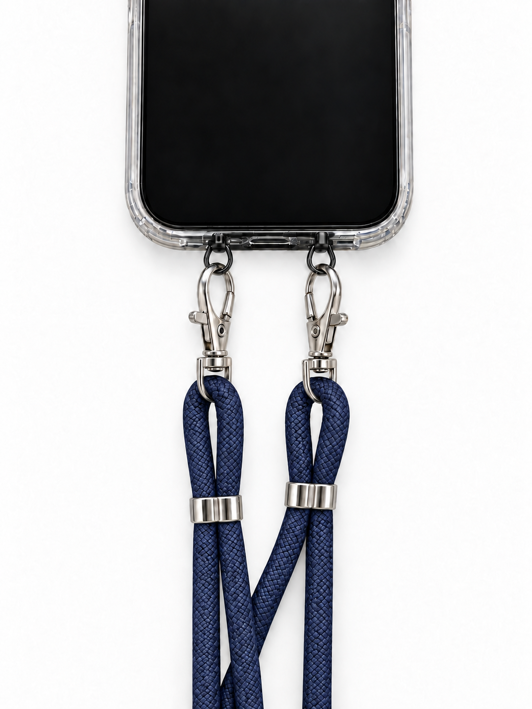 Handykette Dunkelblau – 6 mm, 2 silberne Haken, mit Metalladapter in Schwarz, Ansicht 1