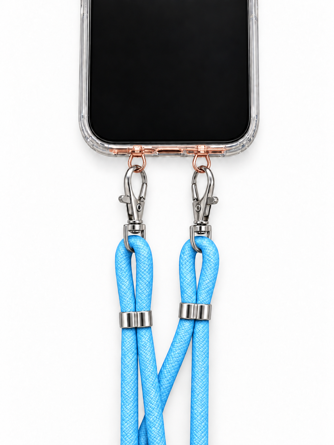 Handykette Hellblau – 6 mm, 2 silberne Haken, mit Metalladapter in Roségold, Ansicht 1