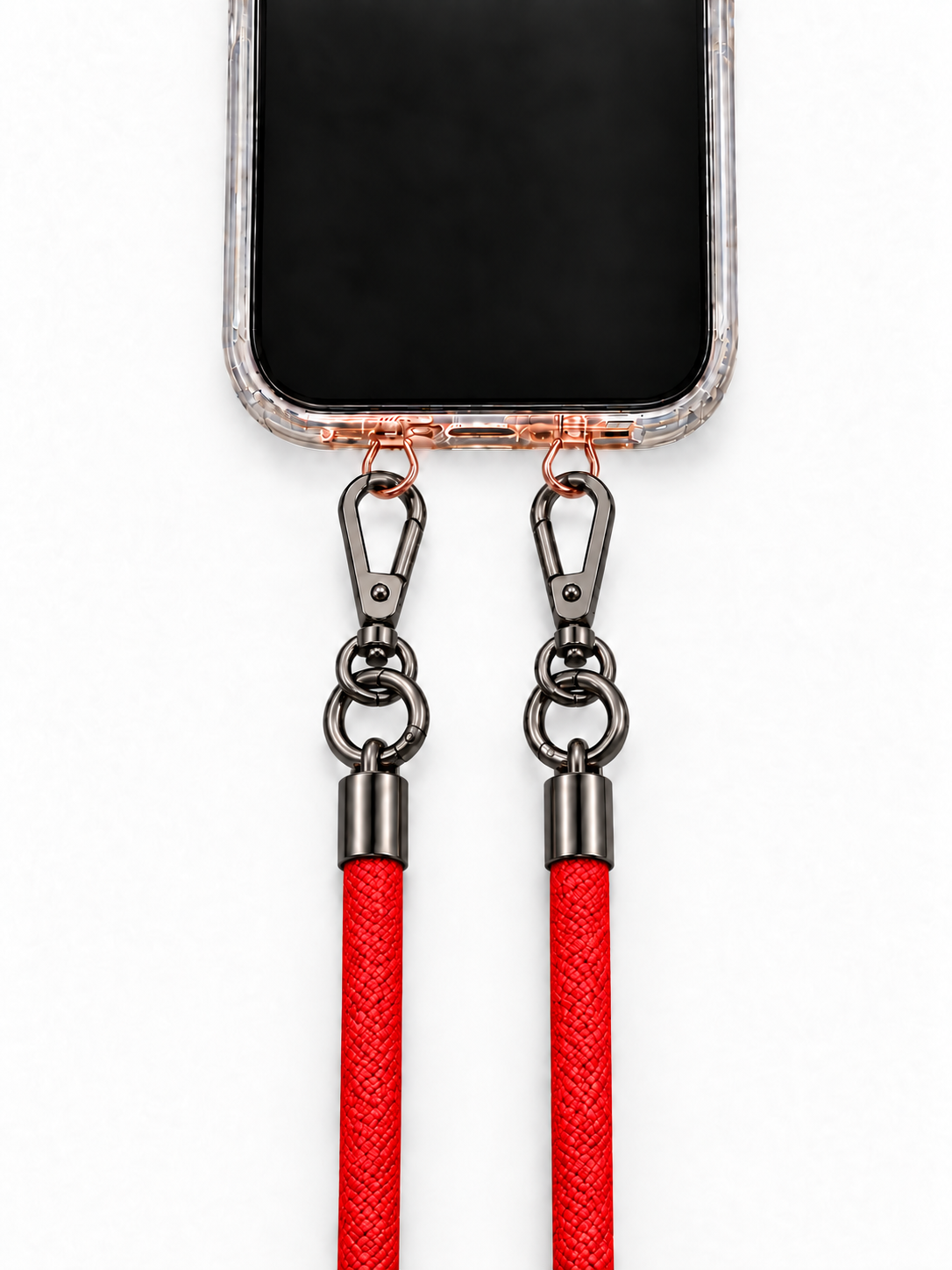 8-mm-Umhängebändel Rot mit zwei schwarzen Haken, mit Metalladapter in Roségold