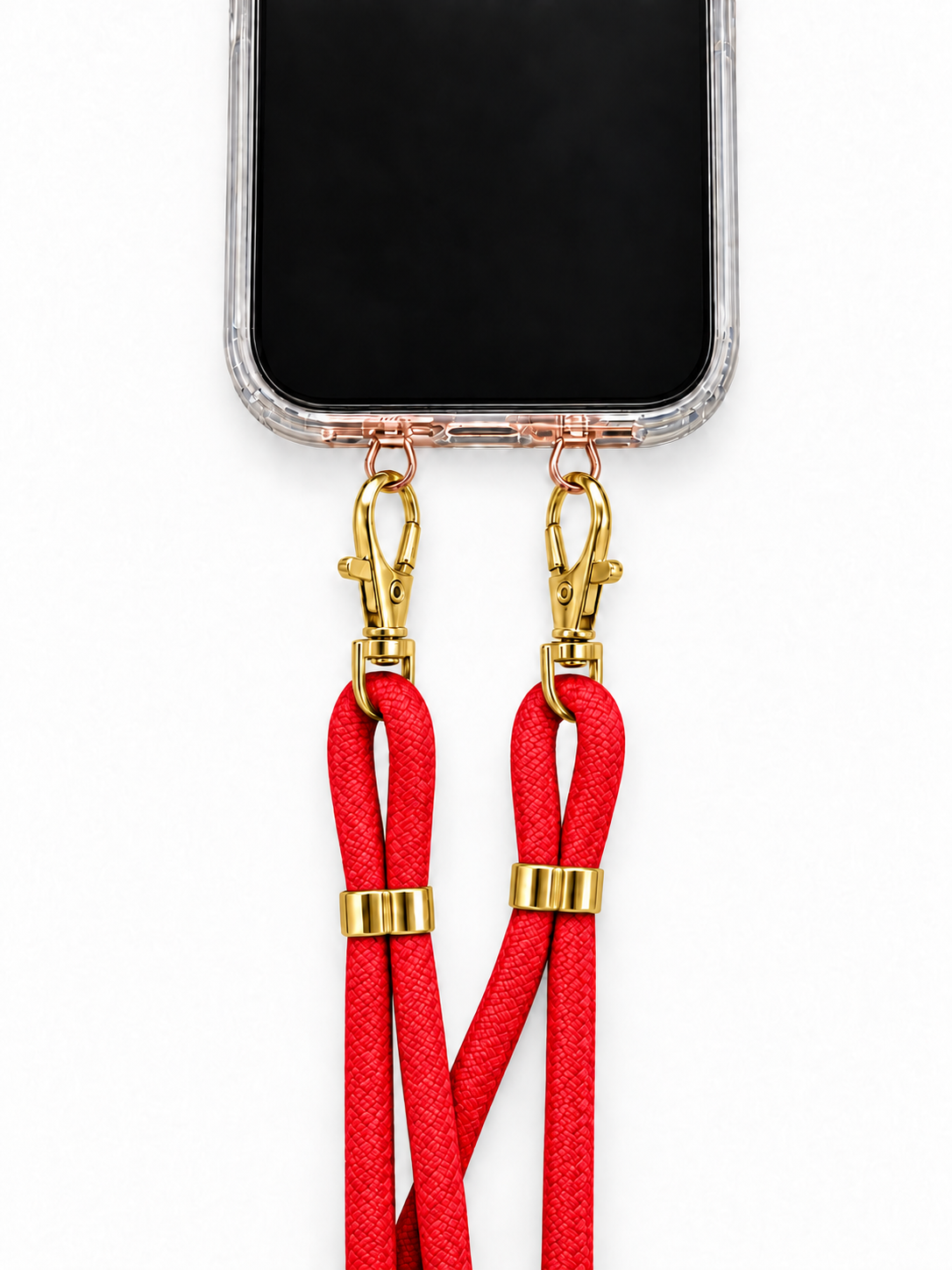Handykette Rot – 6 mm, 2 goldene Haken, mit Metalladapter in Roségold, Ansicht 1