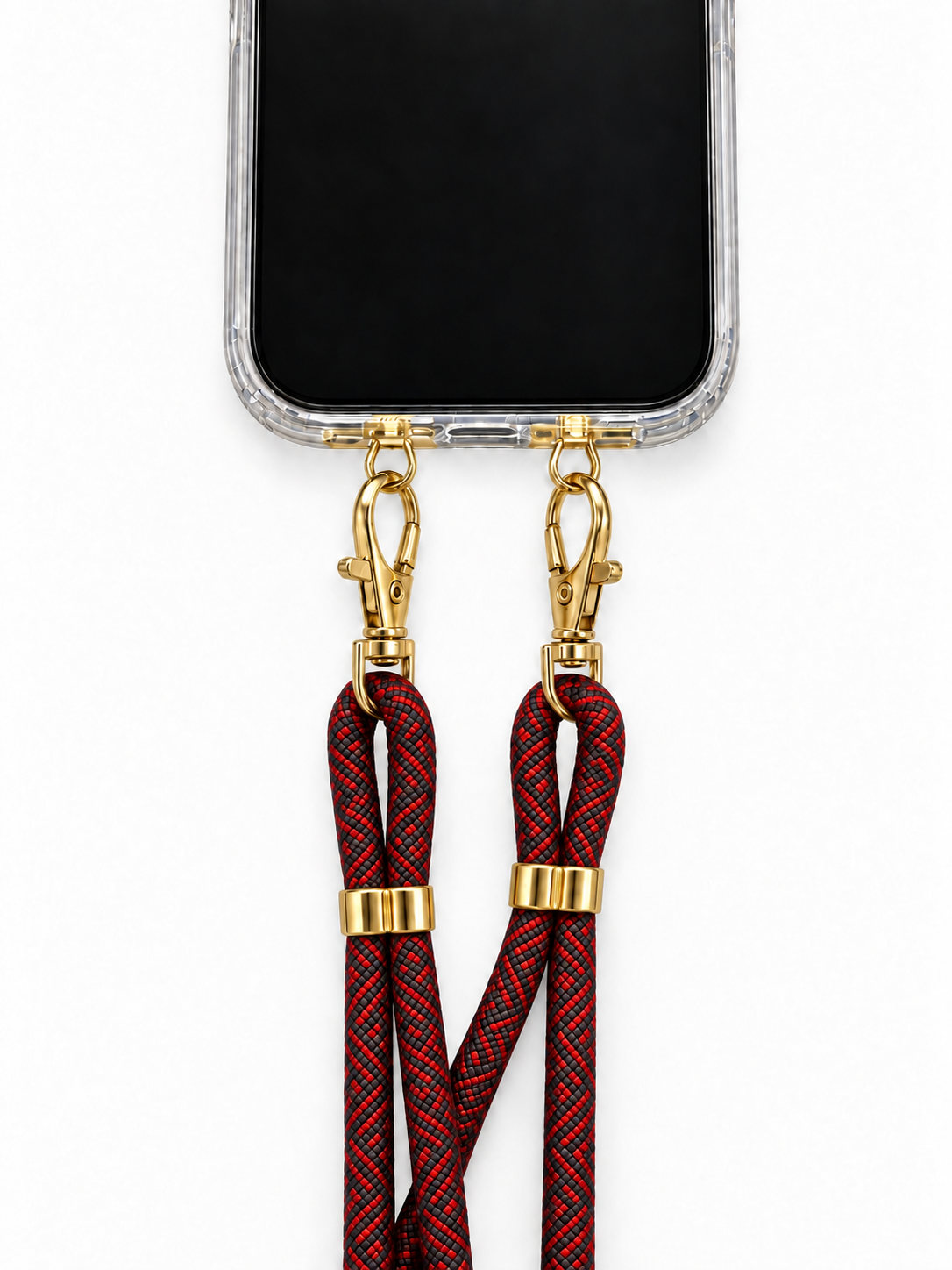 Handykette Rot-Schwarz gemustert – 6 mm, 2 goldene Haken, mit Metalladapter in Gold, Ansicht 1
