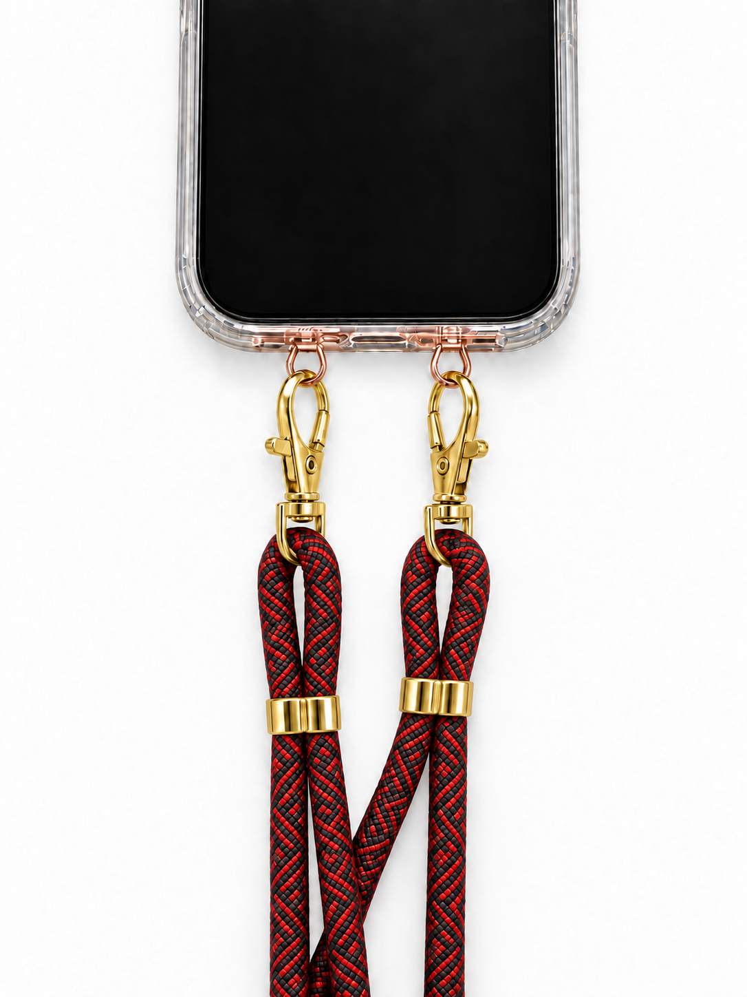 Handykette Rot-Schwarz gemustert – 6 mm, 2 goldene Haken, mit Metalladapter in Roségold, Ansicht 1