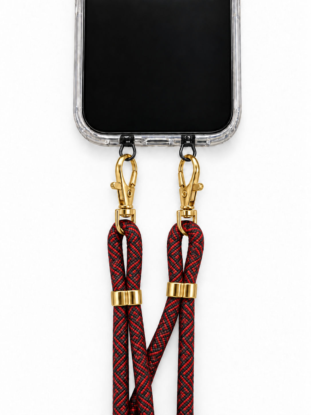 Handykette Rot-Schwarz gemustert – 6 mm, 2 goldene Haken, mit Metalladapter in Schwarz, Ansicht 1