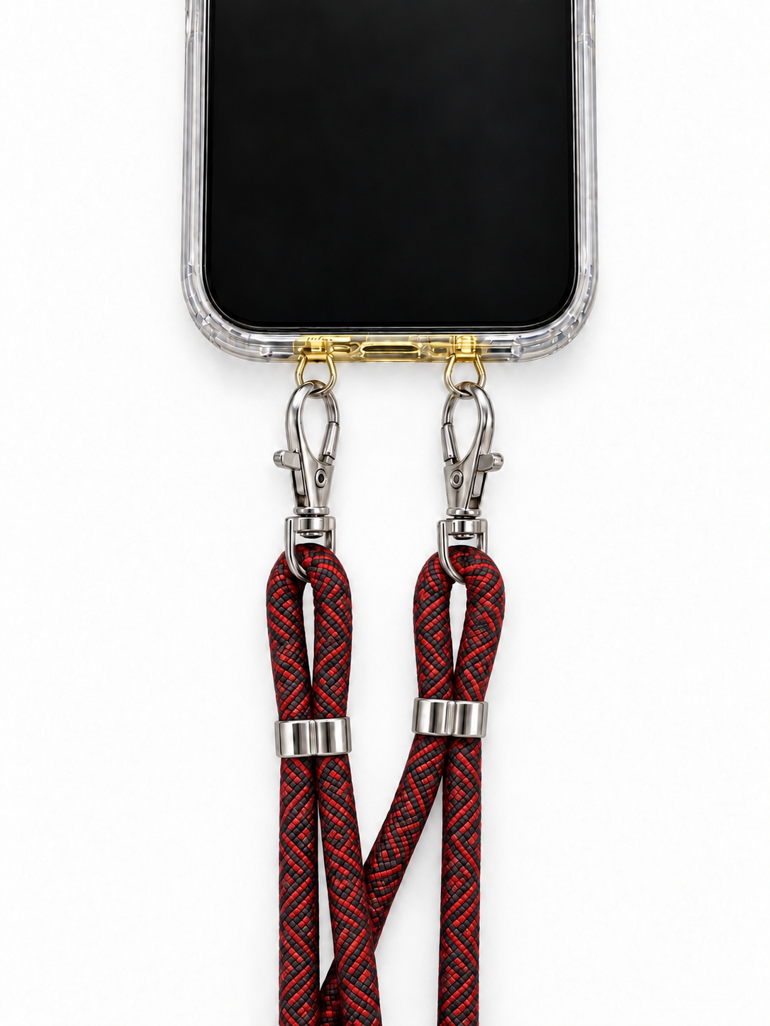 Handykette Rot-Schwarz gemustert – 6 mm, 2 silberne Haken, mit Metalladapter in Gold, Ansicht 1
