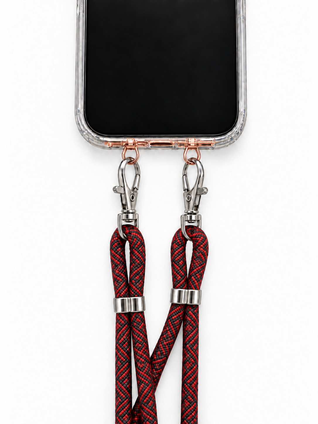Handykette Rot-Schwarz gemustert – 6 mm, 2 silberne Haken, mit Metalladapter in Roségold, Ansicht 1
