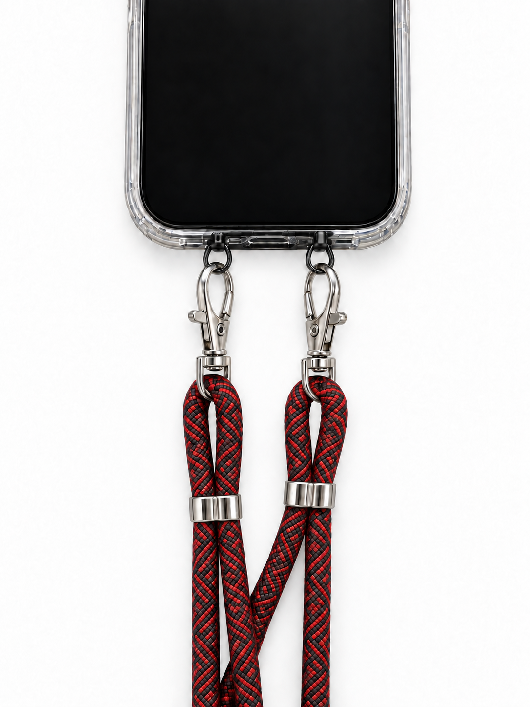 Handykette Rot-Schwarz gemustert – 6 mm, 2 silberne Haken, mit Metalladapter in Schwarz, Ansicht 1