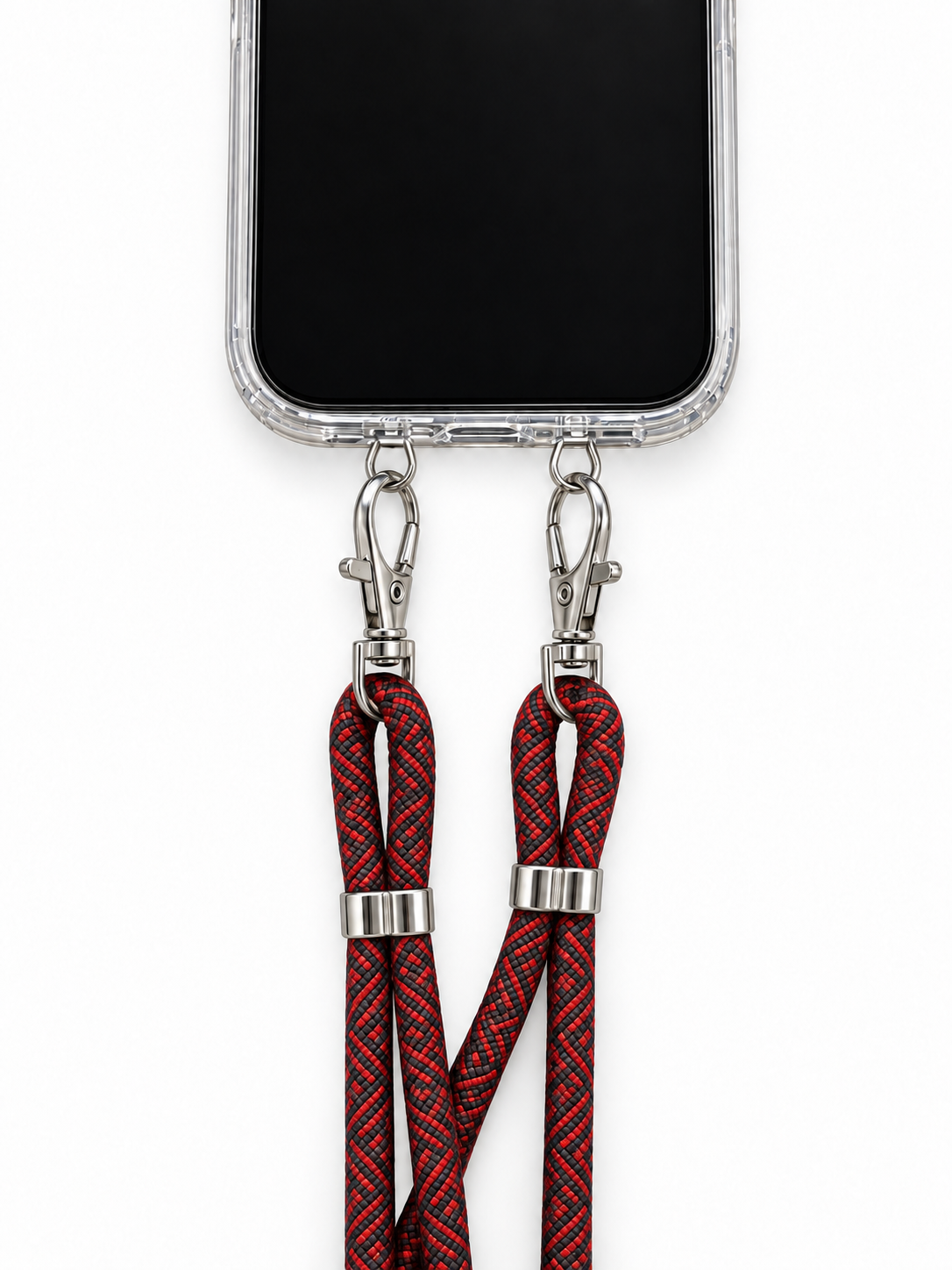 Handykette Rot-Schwarz gemustert – 6 mm, 2 silberne Haken, mit Metalladapter in Silber, Ansicht 1
