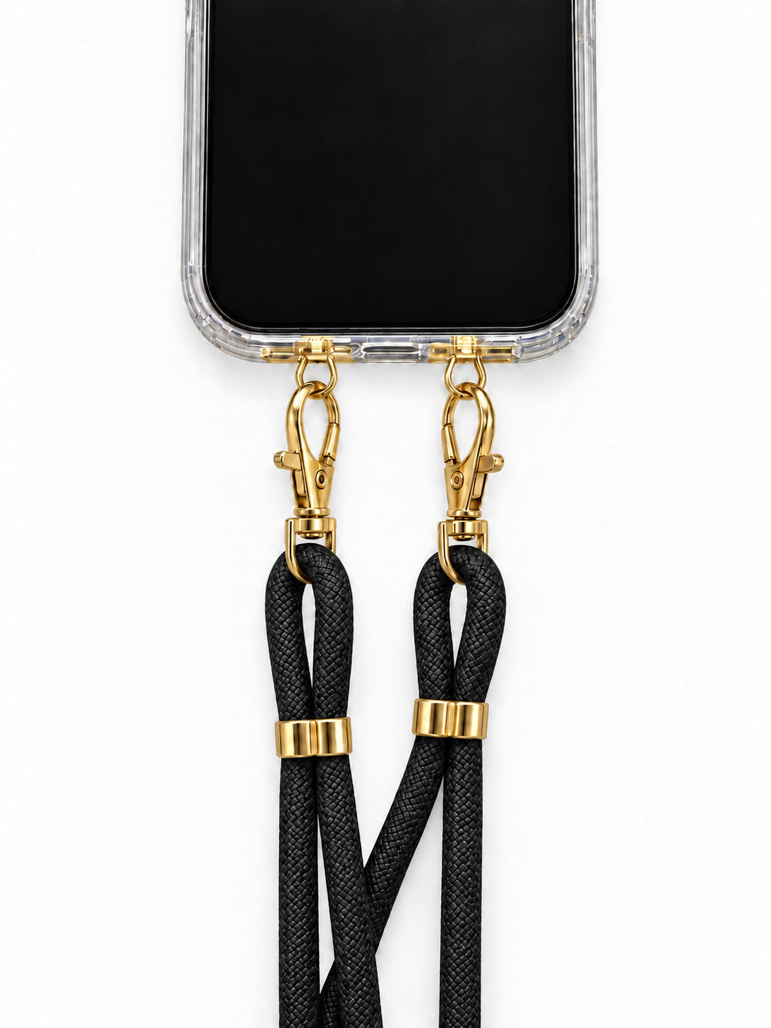 Handykette Schwarz – 6 mm, 2 goldene Haken, mit Metalladapter in Gold, Ansicht 1