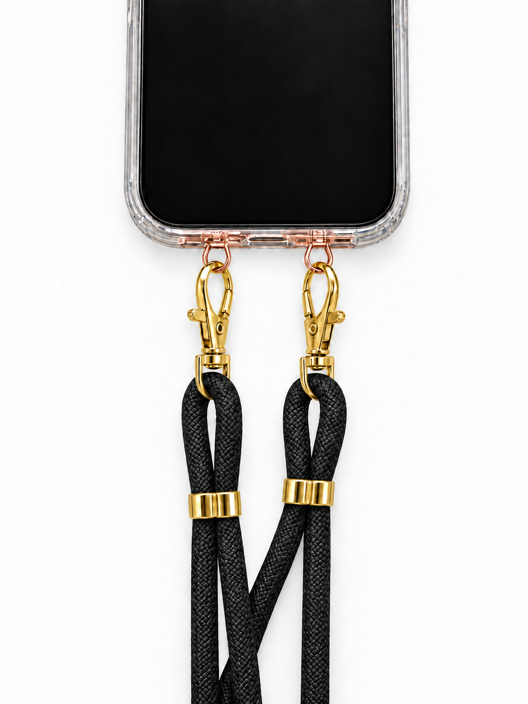Handykette Schwarz – 6 mm, 2 goldene Haken, mit Metalladapter in Roségold, Ansicht 1