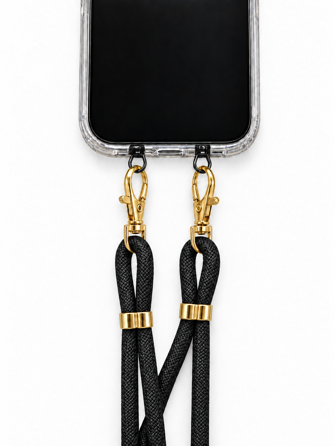 Handykette Schwarz – 6 mm, 2 goldene Haken, mit Metalladapter in Schwarz, Ansicht 1