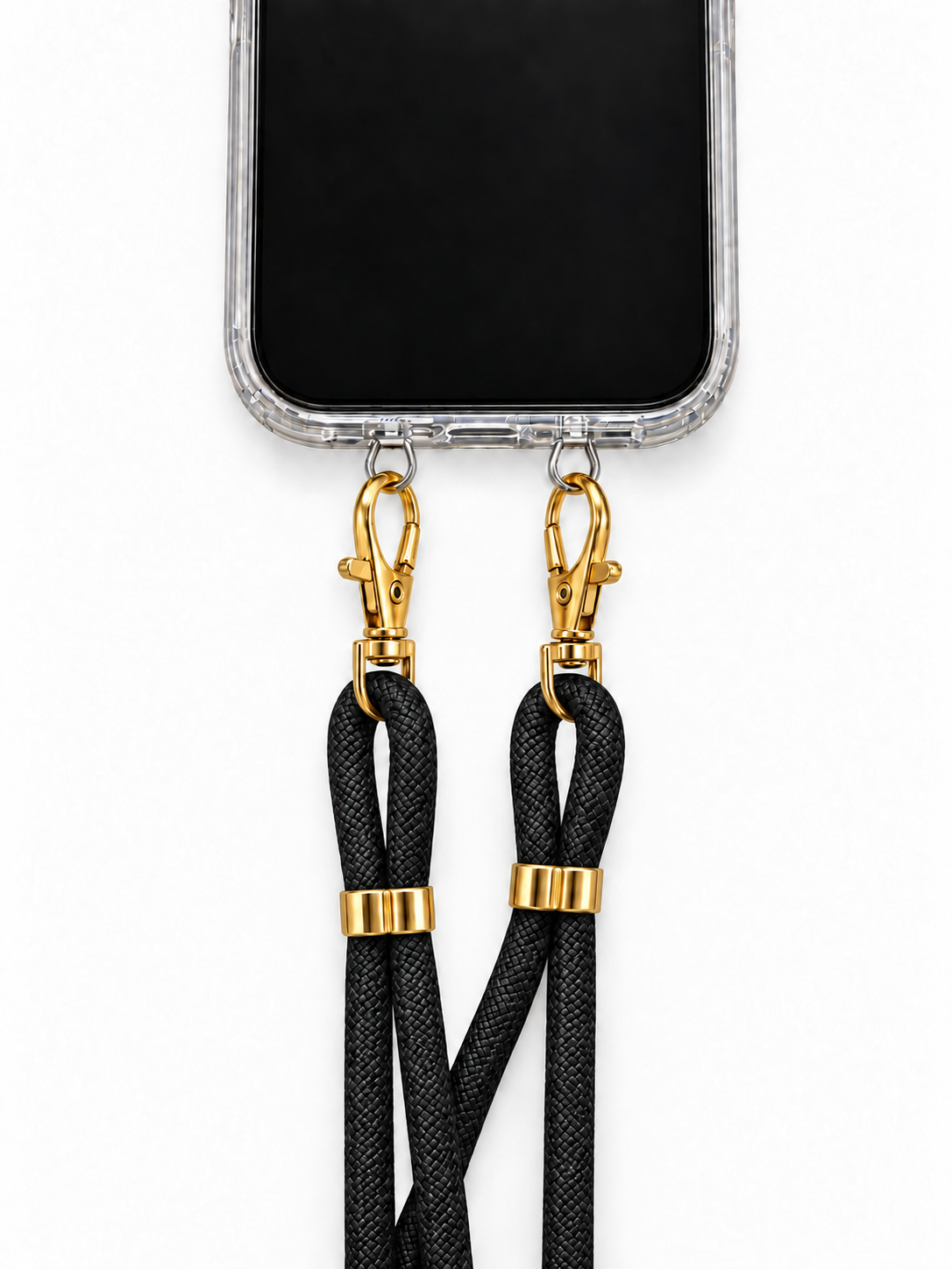 Handykette Schwarz – 6 mm, 2 goldene Haken, mit Metalladapter in Silber, Ansicht 1