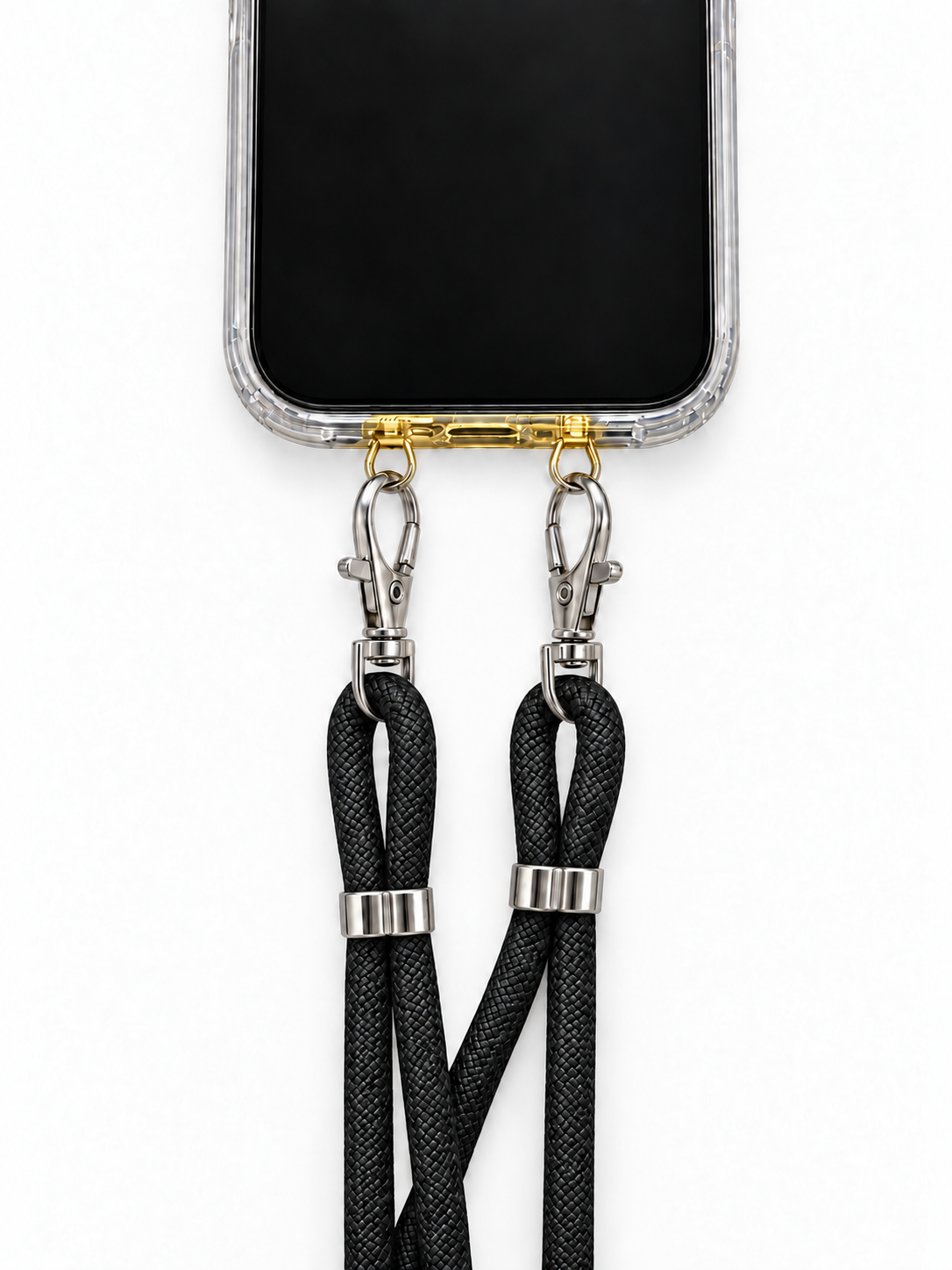Handykette Schwarz – 6 mm, 2 silberne Haken, mit Metalladapter in Gold, Ansicht 1