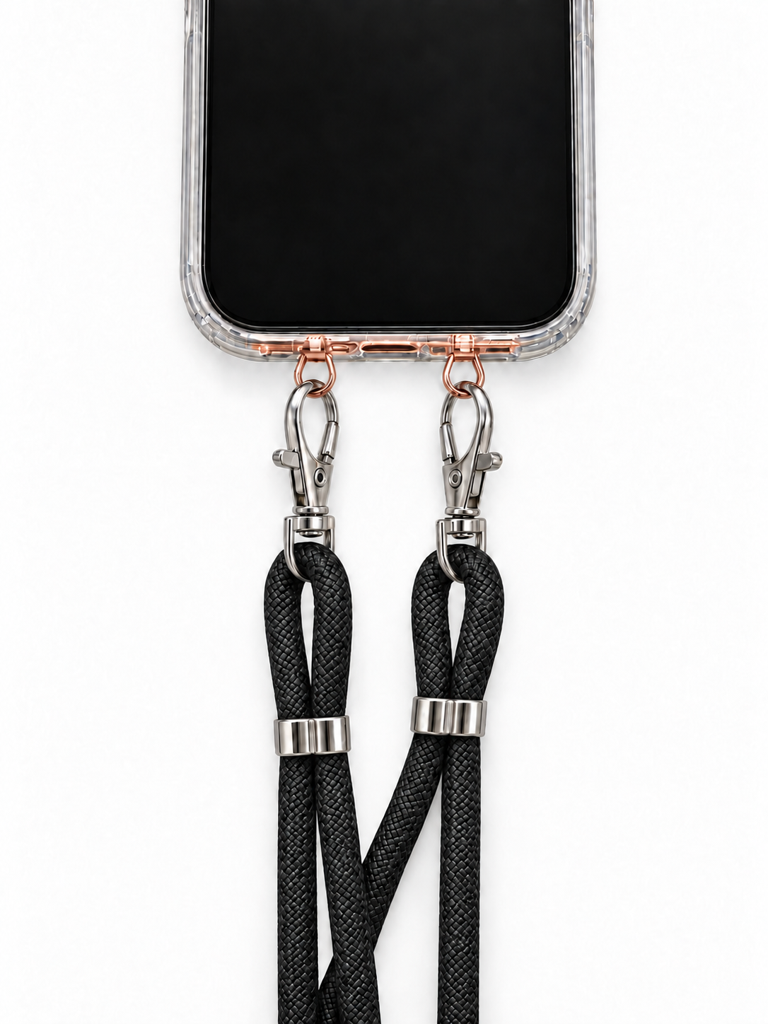 Handykette Schwarz – 6 mm, 2 silberne Haken, mit Metalladapter in Roségold, Ansicht 1
