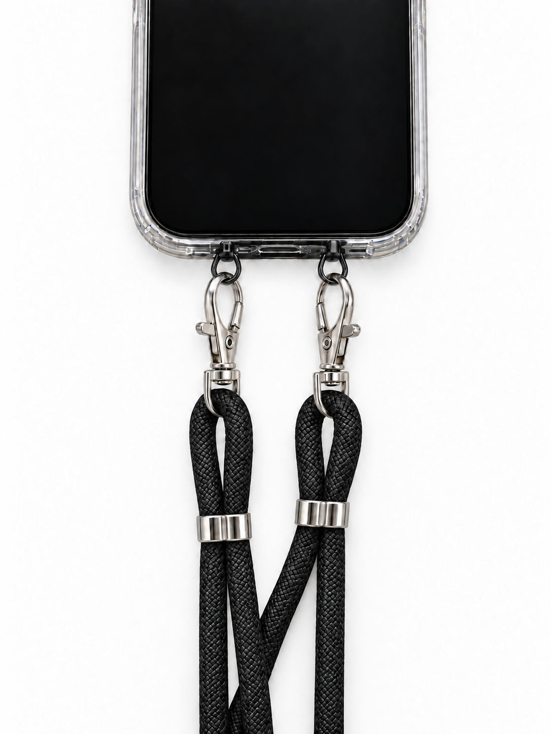 Handykette Schwarz – 6 mm, 2 silberne Haken, mit Metalladapter in Schwarz, Ansicht 1