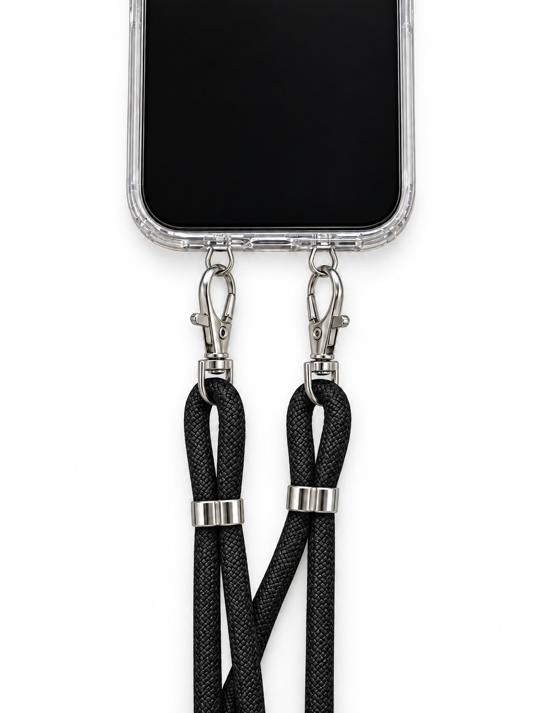 Handykette Schwarz – 6 mm, 2 silberne Haken, mit Metalladapter in Silber, Ansicht 1