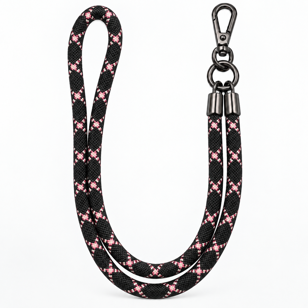 Handykette Schwarz-Rosa Rautenmuster – 8 mm, 1 schwarzer Haken, ohne Adapter