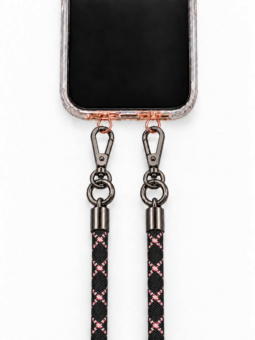 8-mm-Umhängebändel Schwarz-Rosa Rautenmuster mit zwei schwarzen Haken, mit Metalladapter in Roségold