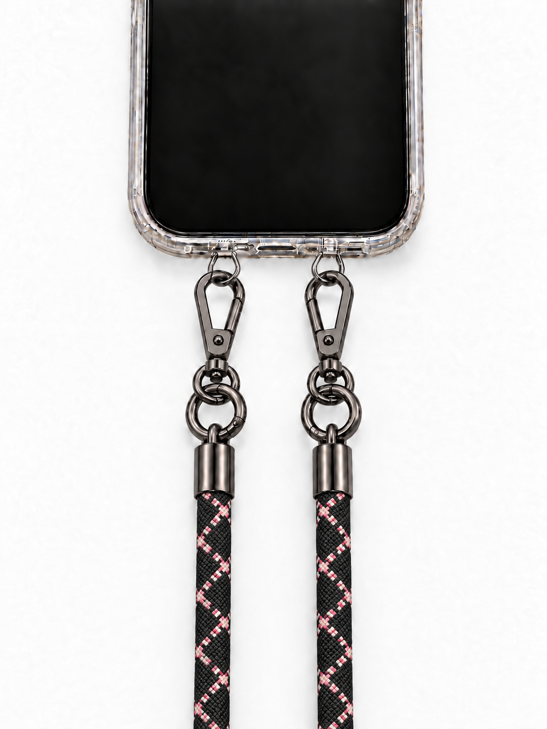 8-mm-Umhängebändel Schwarz-Rosa Rautenmuster mit zwei schwarzen Haken, mit Metalladapter in Silber
