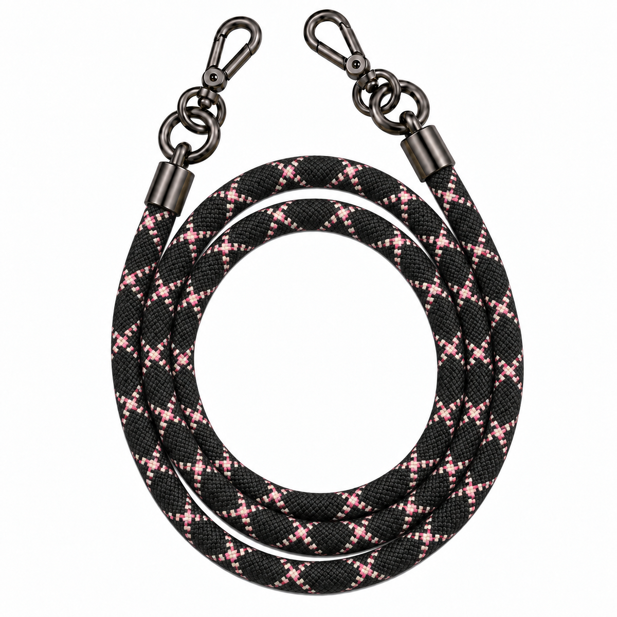 8-mm-Umhängebändel Schwarz-Rosa Rautenmuster mit zwei schwarzen Haken, ohne Adapter
