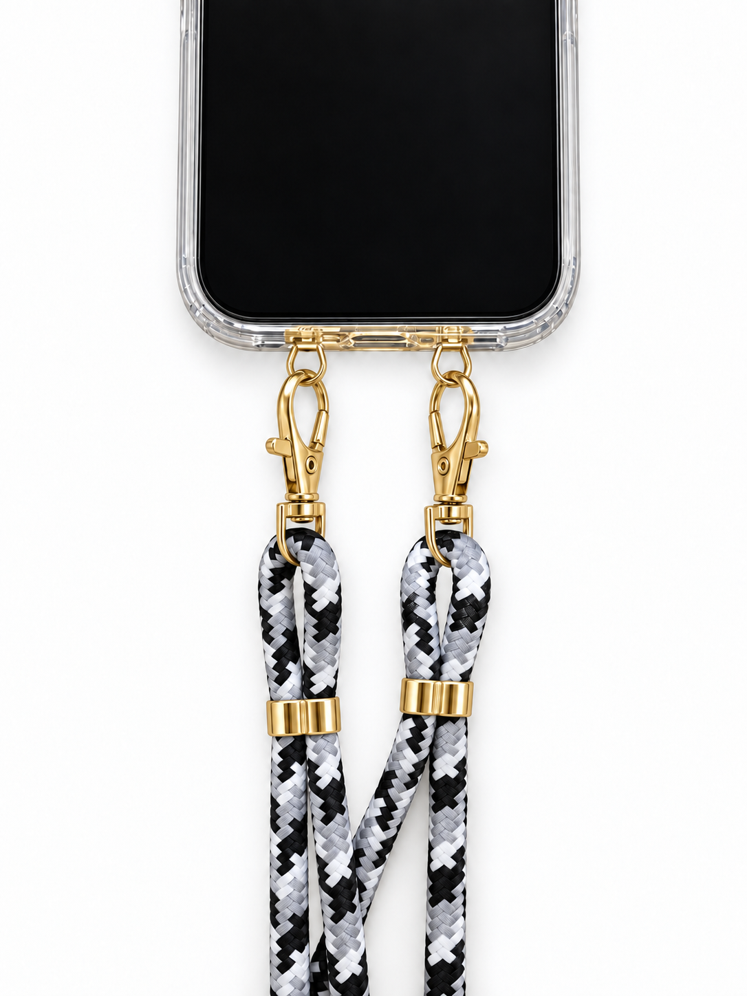 Handykette Schwarz-Weiss-Grau gemustert – 6 mm, 2 goldene Haken, mit Metalladapter in Gold, Ansicht 1