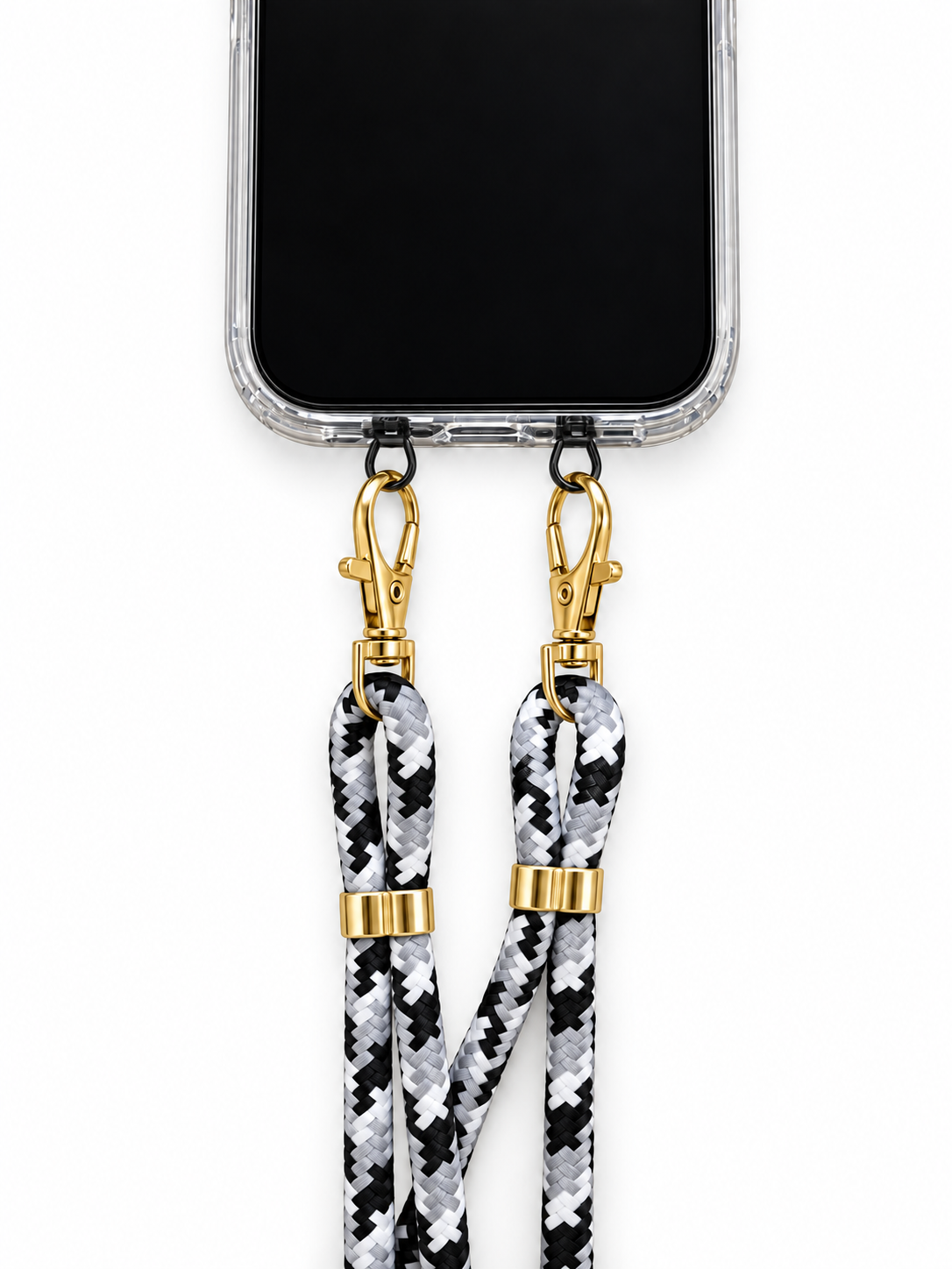 Handykette Schwarz-Weiss-Grau gemustert – 6 mm, 2 goldene Haken, mit Metalladapter in Schwarz, Ansicht 1