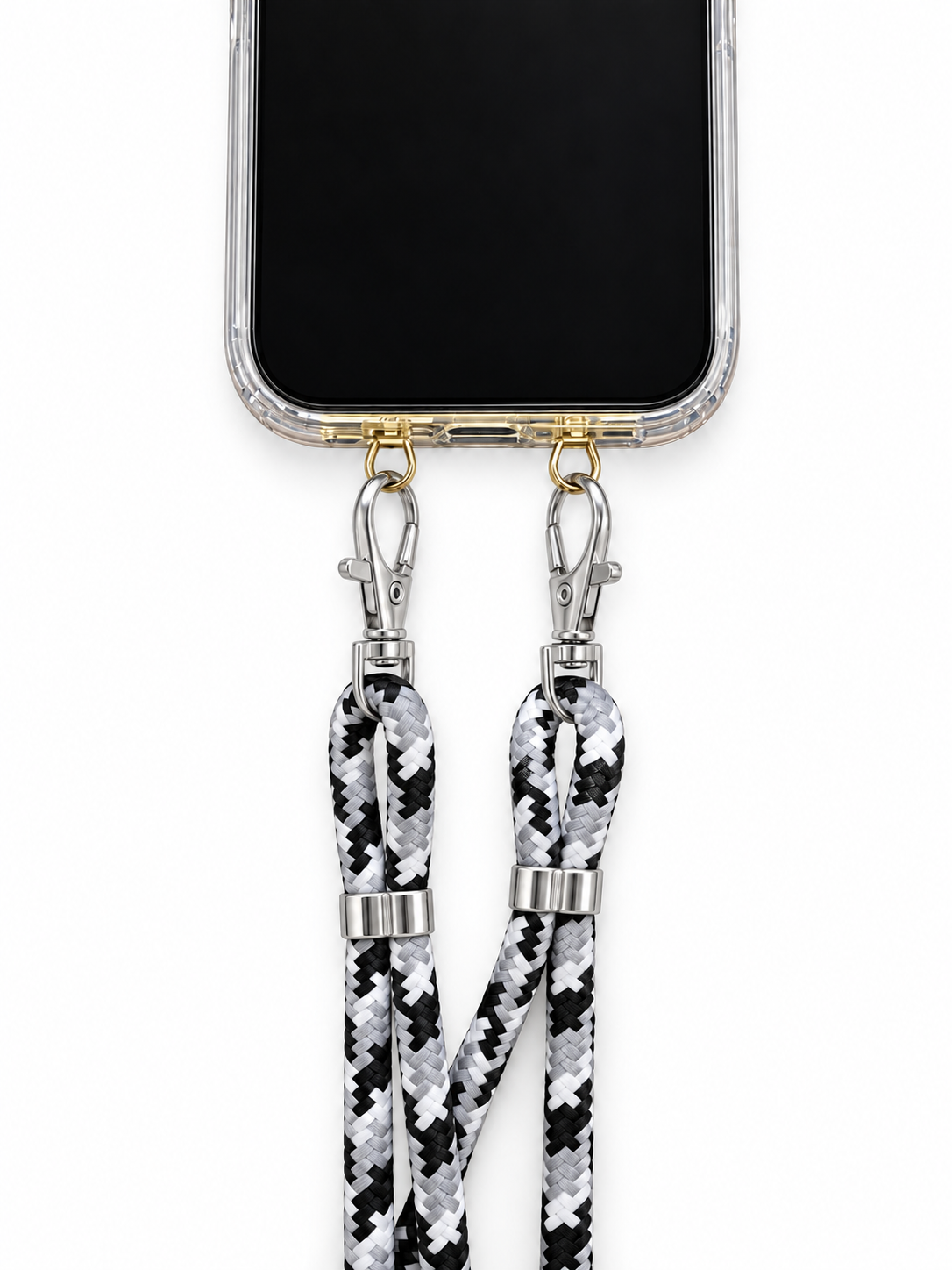 Handykette Schwarz-Weiss-Grau gemustert – 6 mm, 2 silberne Haken, mit Metalladapter in Gold, Ansicht 1