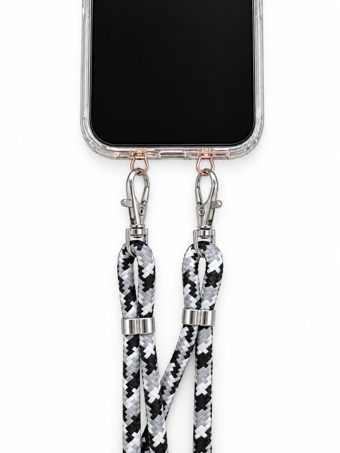 Handykette Schwarz-Weiss-Grau gemustert – 6 mm, 2 silberne Haken, mit Metalladapter in Roségold, Ansicht 1