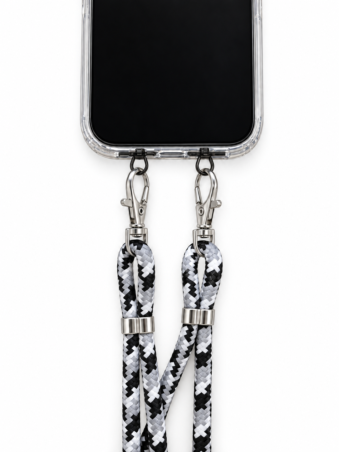 Handykette Schwarz-Weiss-Grau gemustert – 6 mm, 2 silberne Haken, mit Metalladapter in Schwarz, Ansicht 1