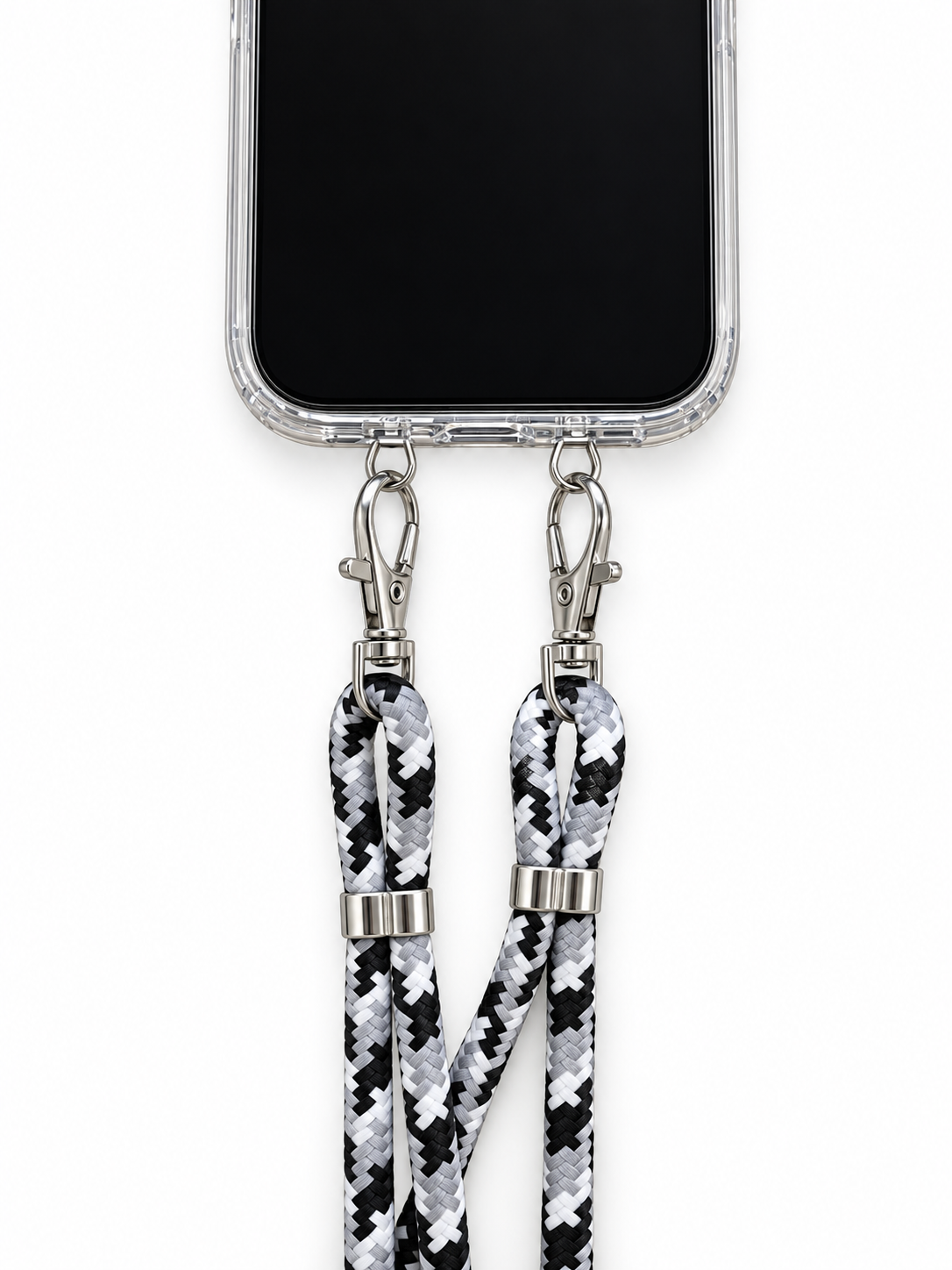 Handykette Schwarz-Weiss-Grau gemustert – 6 mm, 2 silberne Haken, mit Metalladapter in Silber, Ansicht 1