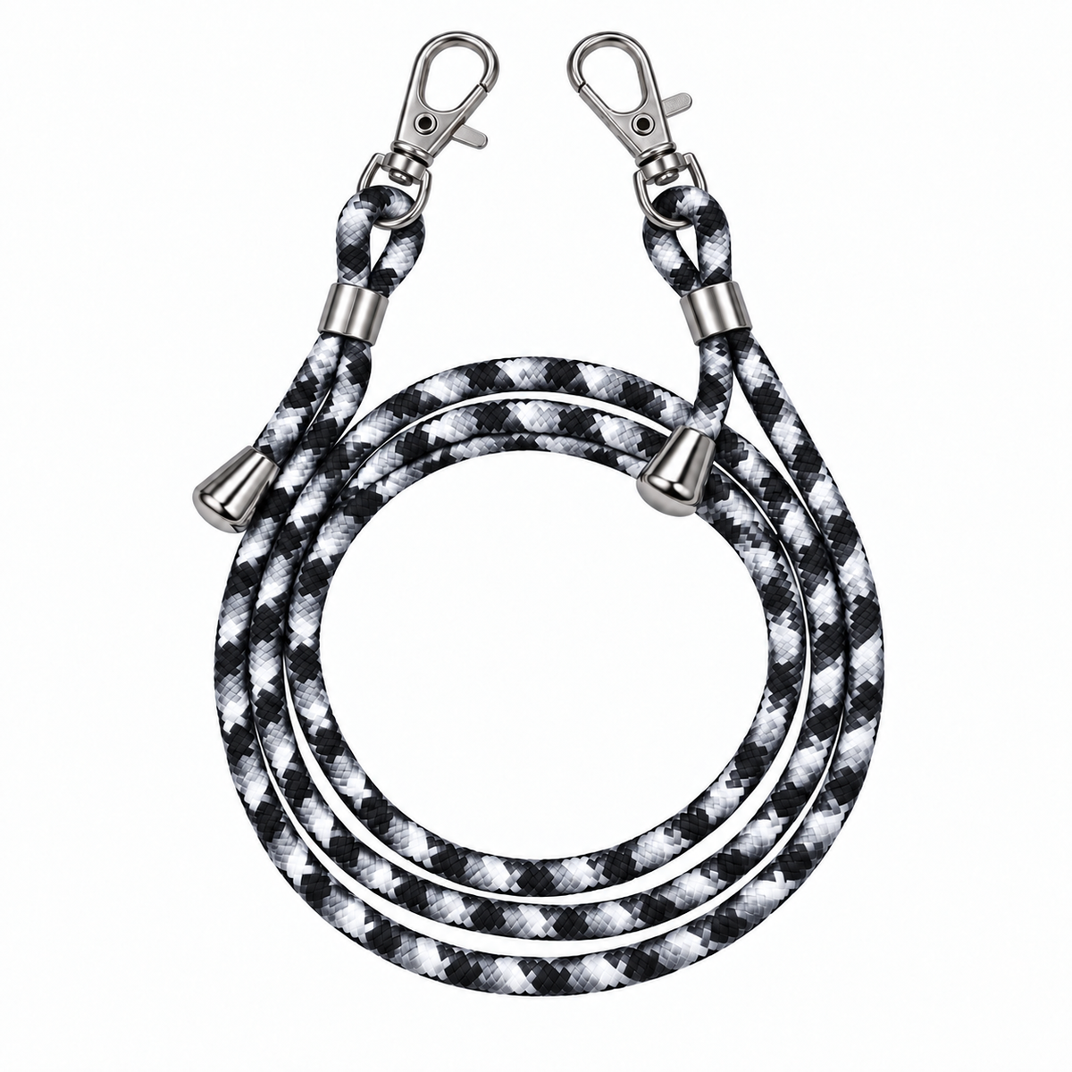 Handykette Schwarz-Weiss-Grau gemustert – 6 mm, 2 silberne Haken, ohne Adapter